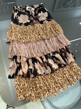 Zimmermann Mixed-Print Tiered Maxi Skirt in Black, Brown & Cream